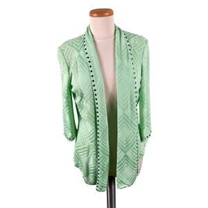 Ming Wang Cardigan Women Size Medium Green Embossed Geometric Studded Open Front